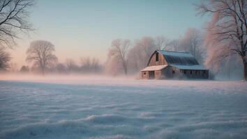 Winter Barn Scene with Snow Covered Field and Trees photo