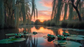 Frogs on Lily Pads at Sunset Pond photo