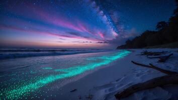 Bioluminescent Beach at Night Under Stars photo
