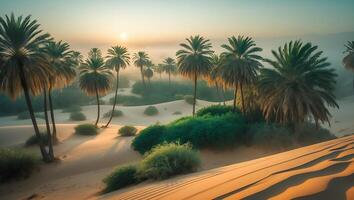 Palm Trees on Sand Dunes in Desert Landscape at Sunset photo
