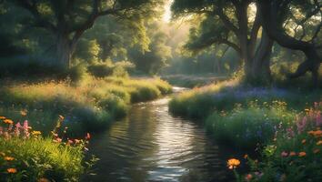 Peaceful River Flowing Through Forest with Wildflowers photo