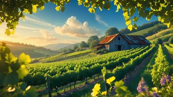 Vineyard Landscape with Barn and Rolling Hills photo