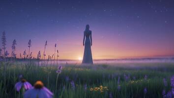 Woman in Dress Standing in Field at Sunset photo