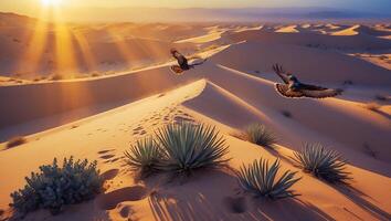 Eagles Soaring Over Desert Sand Dunes at Sunset photo