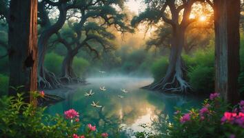 Tranquil Lake with Dragonflies at Sunrise photo