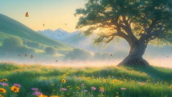 Tree in Meadow with Flowers and Mountains photo
