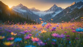 Flower Field with Mountain Landscape photo