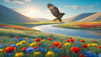 Hawk Flying Over Colorful Wildflower Meadow photo