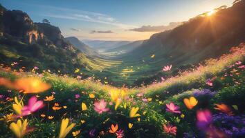 Valley View with Flowers at Sunset photo