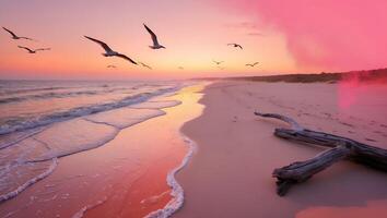 Seagulls Fly Over Pink Beach at Sunset photo