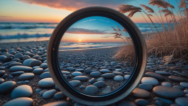 Beach Sunset Through Circular Frame with Pebbles and Grass photo