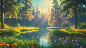 Lake in Forest with Sunlight and Wildflowers photo