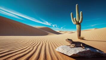 Lizard on Rock in Desert with Cactus and Sand Dunes photo