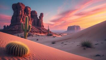 Desert Landscape at Sunset with Cactus and Rock Formation photo