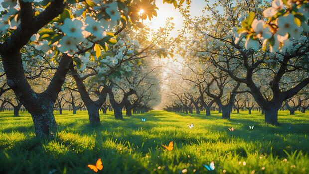 huerta con flores y mariposas en primavera luz de sol foto