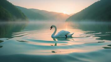 Swan Swimming on Lake at Sunrise photo