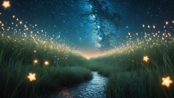 Glowing Stars Field Stream Night Sky photo