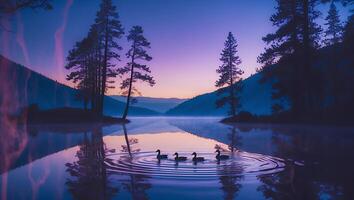 Lake with Ducks at Sunset and Mountains photo