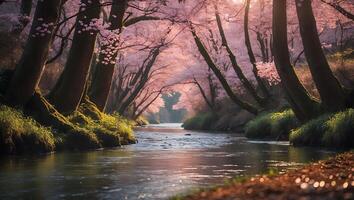 Cherry Blossom Tree Over River Landscape photo