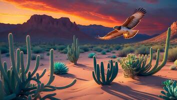 Eagle Flying Over Desert Landscape with Cacti and Sunset photo