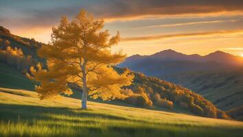 Aspen Tree at Sunset in Mountain Landscape photo