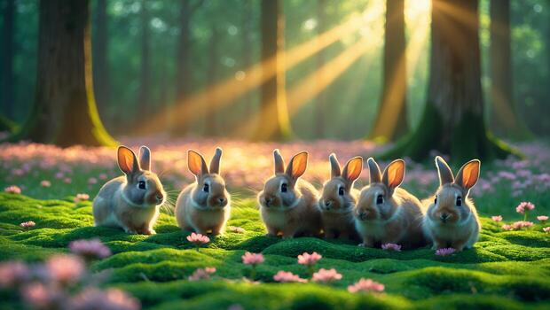 Rabbits on Moss in Forest with Sunlight photo