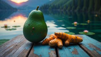 Avocado and Turmeric on Wooden Dock with Lake and Mountain View photo
