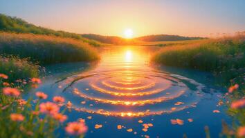 Water Ripples Reflecting Sunset Over Flower Meadow photo