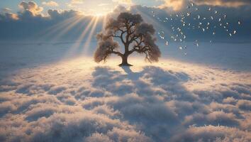 Lone Tree in Winter Landscape with Birds photo