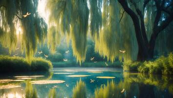 Willow Tree Over Pond with Dragonflies photo