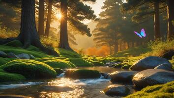 Forest Stream with Moss and Butterfly photo