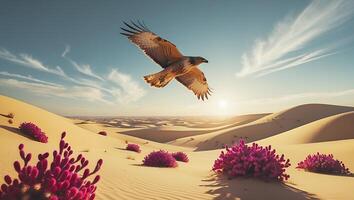 Hawk Flying Above Desert Sand Dunes with Cactus photo