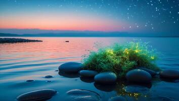 Glowing Plant on Rocks in Water During Sunset photo