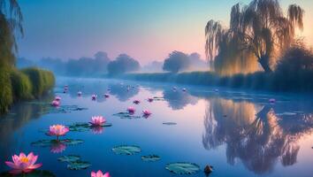 Lotus Flowers in Water with Trees and Morning Mist photo