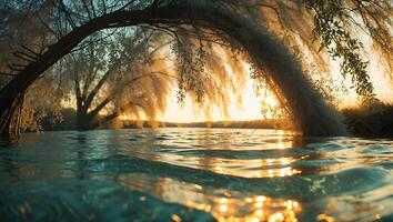 Water and Tree Landscape at Sunset photo