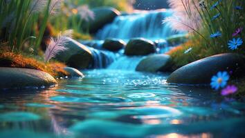 Scenic Waterfall with Rocks and Colorful Flowers photo