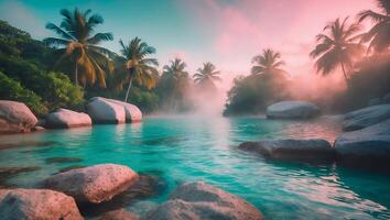 Tropical Beach with Turquoise Water and Palm Trees photo