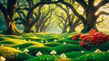 Mushroom Field with Berry and Trees photo
