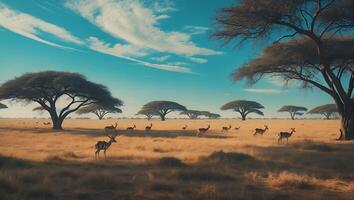 Impala Herd Under Acacia Trees in African Savanna photo