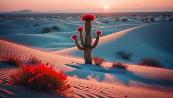 Flowering Cactus in Desert Landscape at Sunset photo