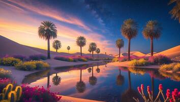Palm Trees in Desert Oasis at Sunset photo