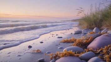 Coastal Beach with Sand and Rocks at Sunset photo