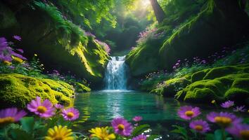 Waterfall in Forest with Moss and Flowers photo