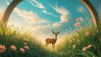 Deer in Summer Meadow with Arch and Blue Sky photo