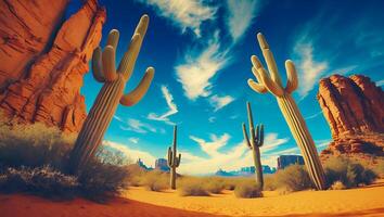 Desert Landscape with Cactus and Red Rock photo
