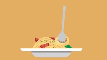 Stylized illustration of pasta with tomato slices on a white plate with a fork. Spaghetti with red tomato pieces and green herbs on a warm orange background. vector