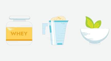 A set of design elements representing nutrition and healthy food, including fruits, vegetables, grains, and proteins vector