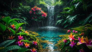 Waterfall and Flowers in Tropical Setting photo