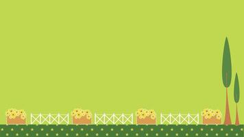 Flat-style illustration of a serene garden background with trees, bushes, and greenery, creating a peaceful outdoor scene vector