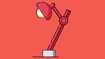 Illustration of a red desk lamp with adjustable arm and round base against a coral red background. The lamp has a white light bulb visible under its dome shaped shade. vector